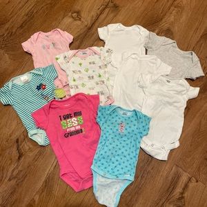Baby Girl 0-3mo clothing pj’s, pants, dresses, onesies